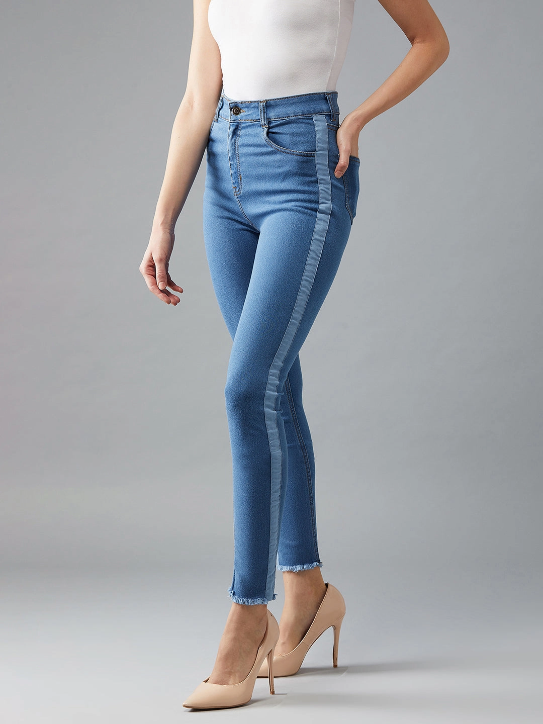 Women's Blue Skinny High-Rise Clean-Look Fringe And Silky Denim Tape Detailing Cropped Denim Jeans Clean Fit Winter Fashion