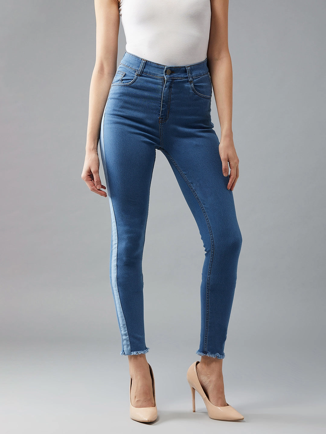 Comfortable Design Look Outfit Combo Women's Blue Skinny High-Rise Clean-Look Fringe And Silky Denim Tape Detailing Cropped Denim Jeans