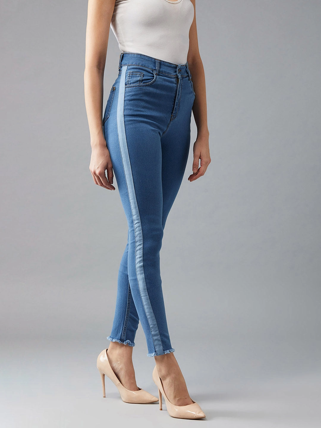 Women's Blue Skinny High-Rise Clean-Look Fringe And Silky Denim Tape Detailing Cropped Denim Jeans Go Everywhere
