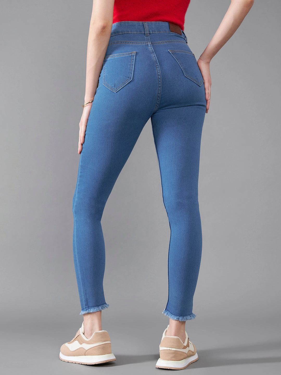 Youth Outfit Women's Blue Skinny High-Rise Cropped-Length Fringe Detailing Stretchable Denim Jeans