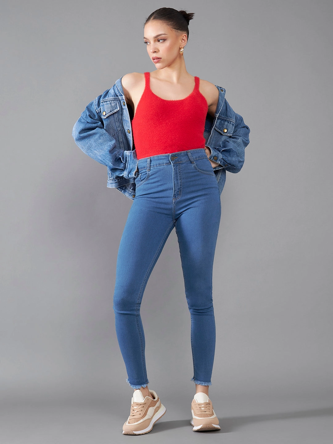 Flex Knit Waist Panel Women's Blue Skinny High-Rise Cropped-Length Fringe Detailing Stretchable Denim Jeans