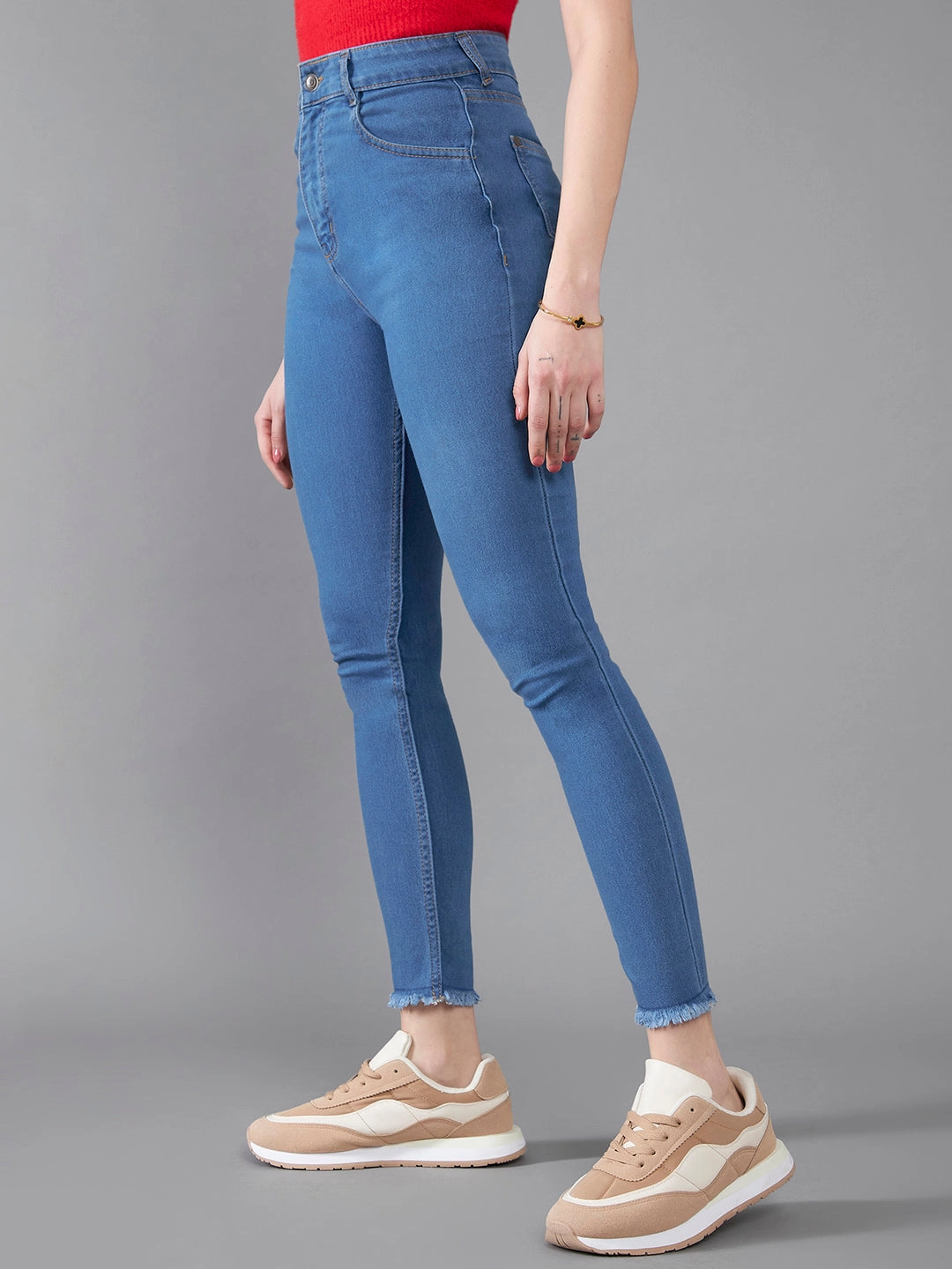 Trendy Fit Versatile Waist Design Women's Blue Skinny High-Rise Cropped-Length Fringe Detailing Stretchable Denim Jeans