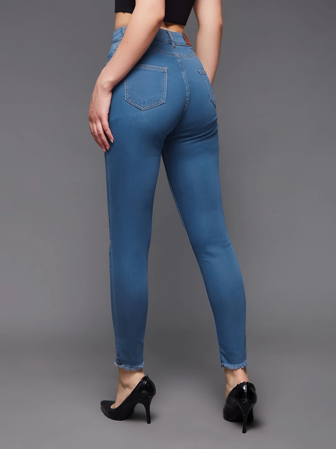 Women's Blue Skinny High-Rise Cropped-Length Fringe Detailing Stretchable Denim Jeans Bold Look Professional Wear Heavyweight Denim