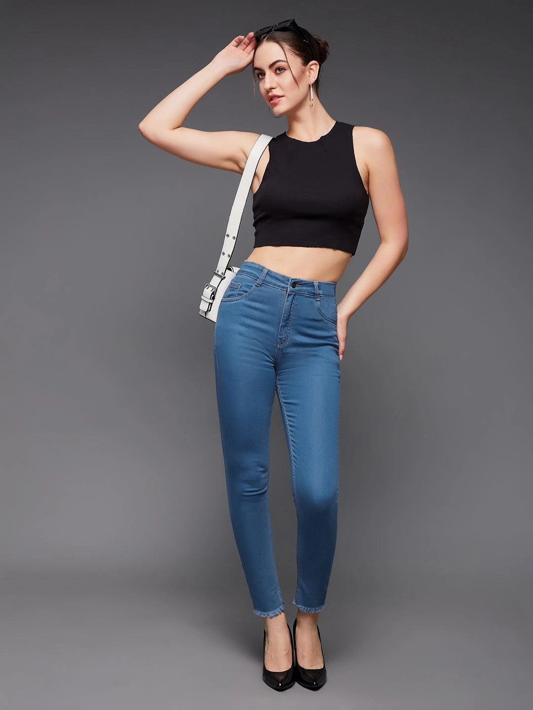 Women's Blue Skinny High-Rise Cropped-Length Fringe Detailing Stretchable Denim Jeans Anytime Look