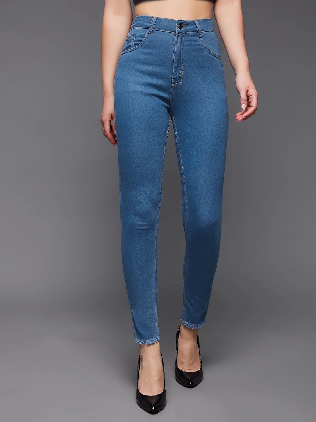 Flexible Waistband Women's Blue Skinny High-Rise Cropped-Length Fringe Detailing Stretchable Denim Jeans
