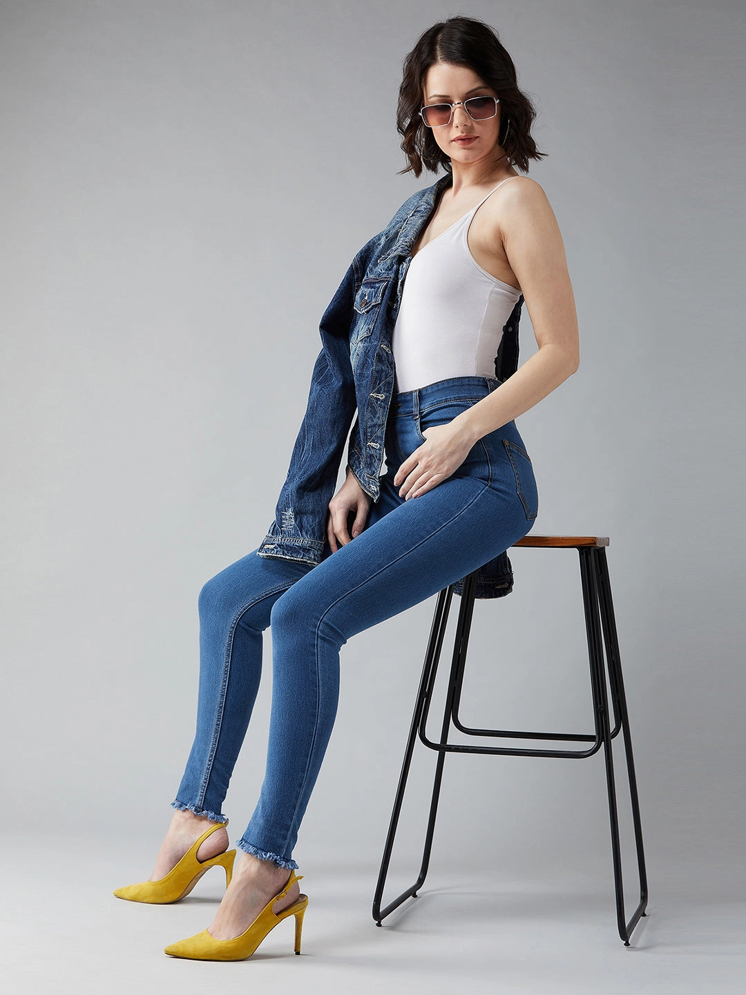 Women's Blue Skinny High-Rise Cropped-Length Fringe Detailing Stretchable Denim Jeans Traveler Gear Smart Casual Date Night Loose Vintage Lover