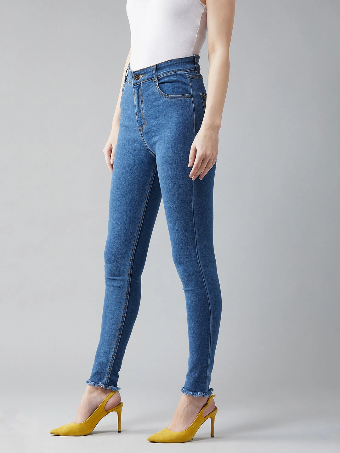 Comfy Choice Rainy Day Brunch Outfit Women's Blue Skinny High-Rise Cropped-Length Fringe Detailing Stretchable Denim Jeans