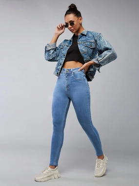 Anti Slip Waistband Women's Blue Skinny High-Rise Distressed Cropped Denim Jeans