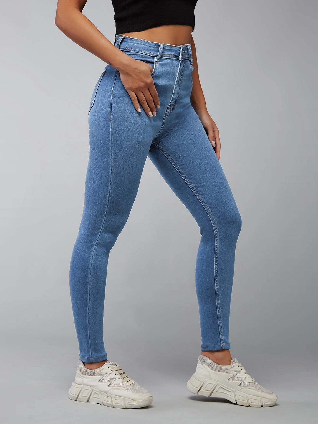 Street Fashion Parent Style Women's Blue Skinny High-Rise Distressed Cropped Denim Jeans