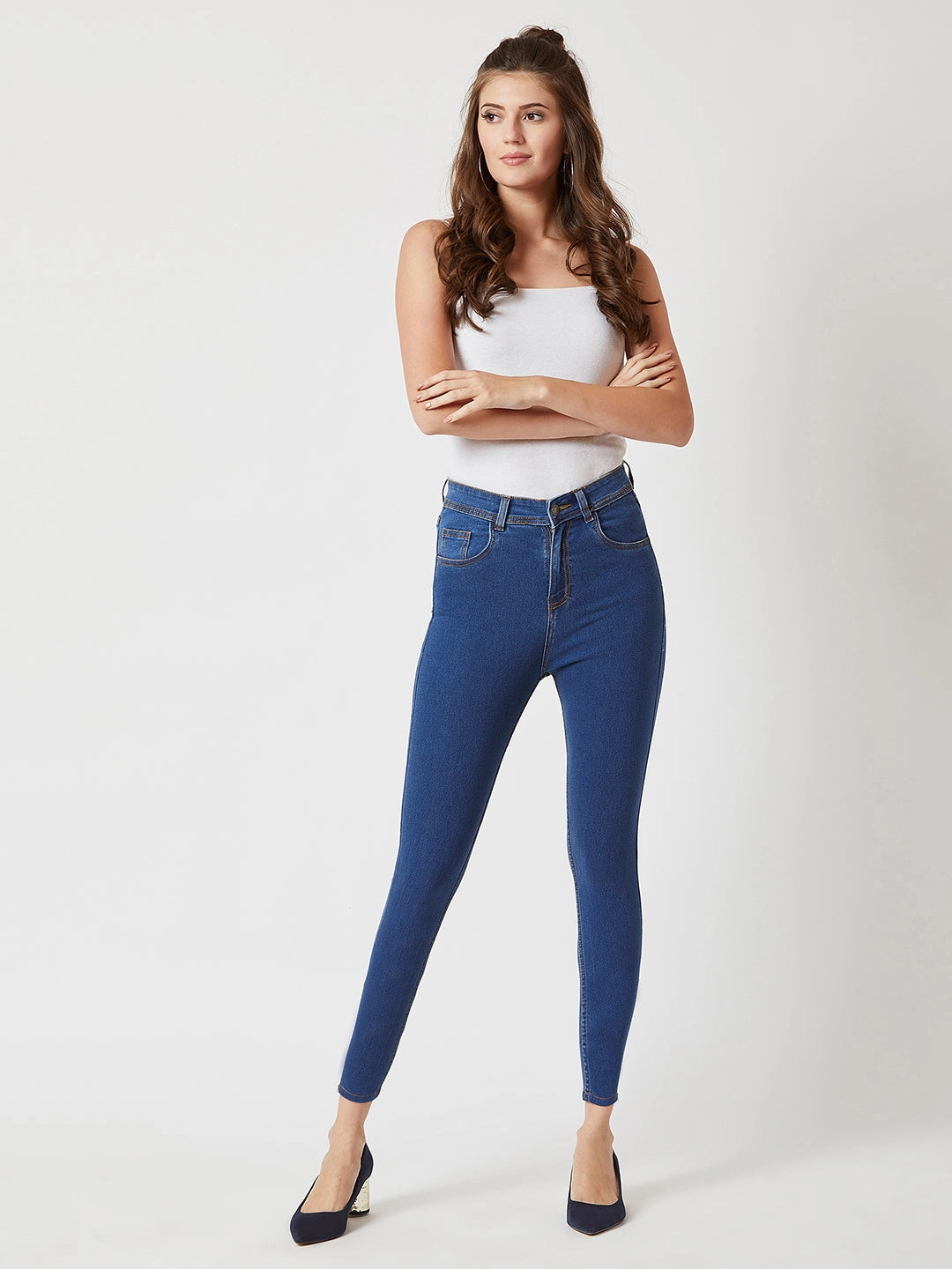 Women's Blue Skinny High-Rise Distressed Cropped Denim Jeans Any Occasion Seamless Pocket Design