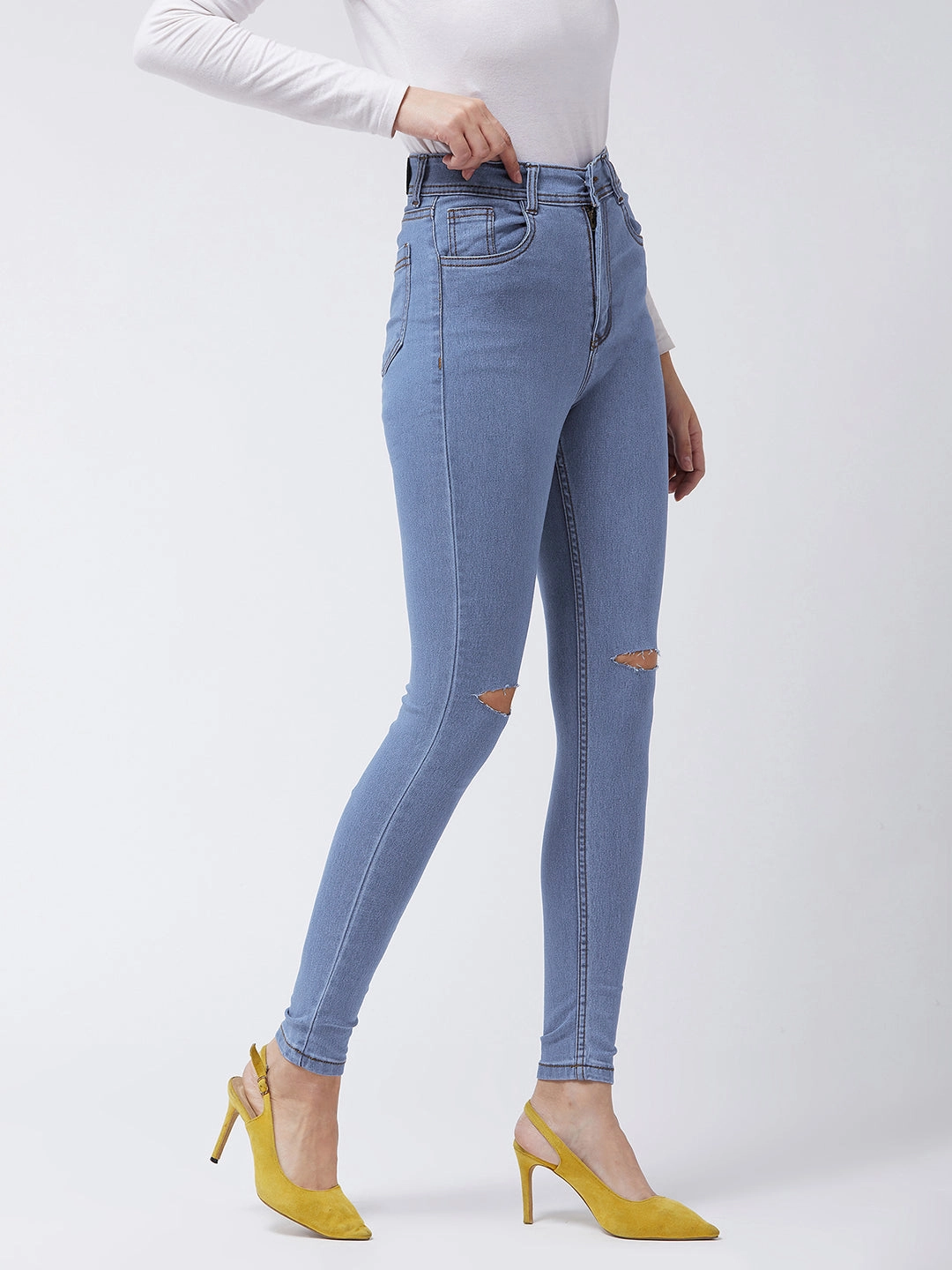 Women's Blue Skinny High-Rise Distressed Denim Jeans Versatile Outfit