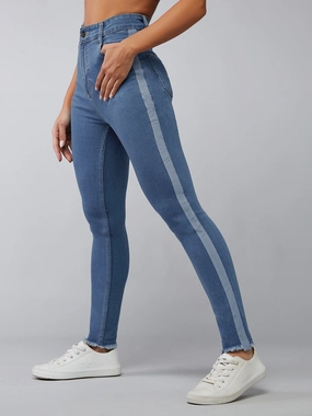 Women's Blue Skinny High-Rise Fringe And Silky Denim Tape Detailing Cropped Denim Jeans Textured Bold Friction Free Inner Lining