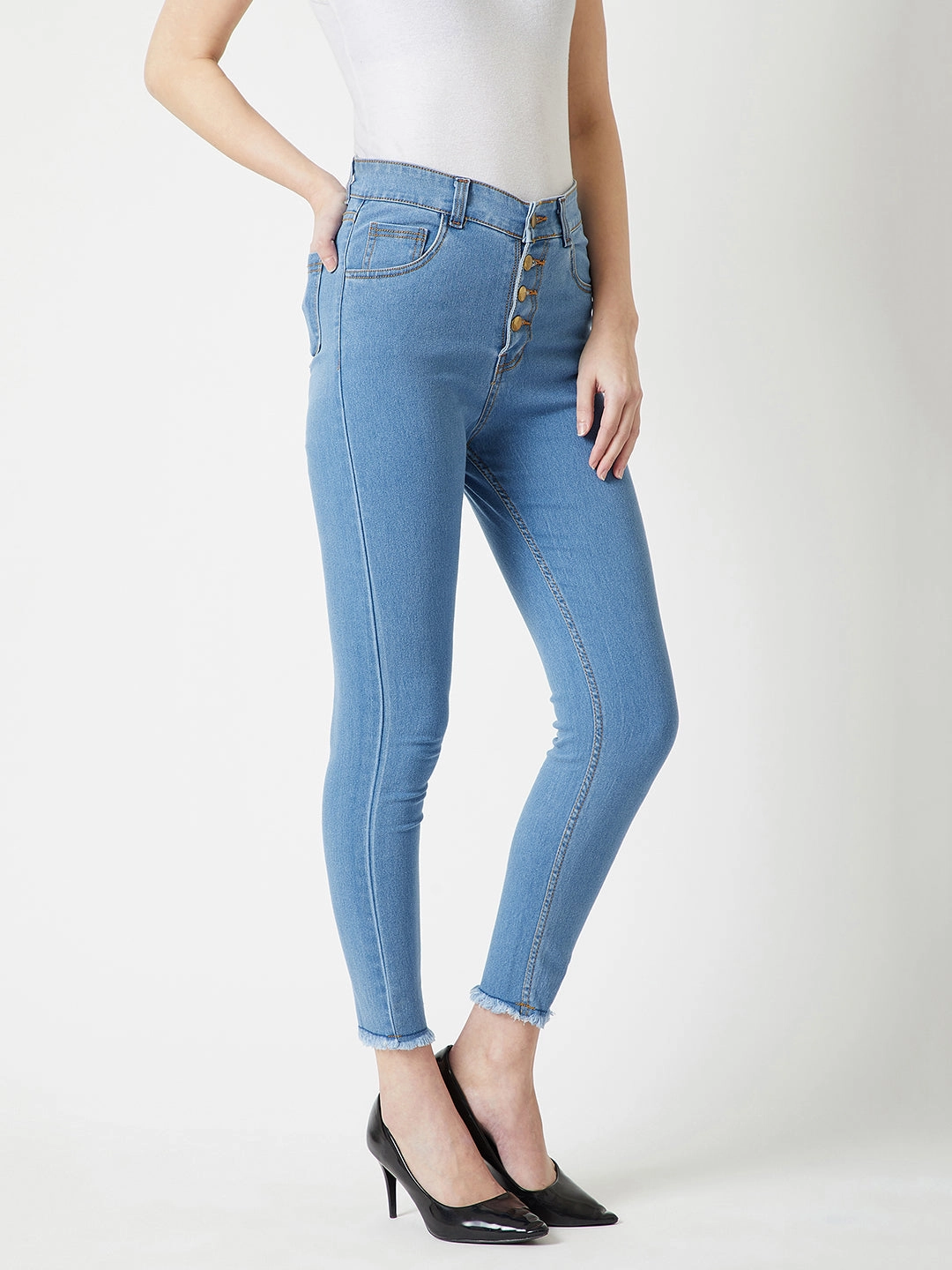 Women's Blue Skinny Solid High-Rise Clean-Look Cropped Fringed Hemline Detailing Stretchable Denim Jeans Chic Essentials Utility Basic