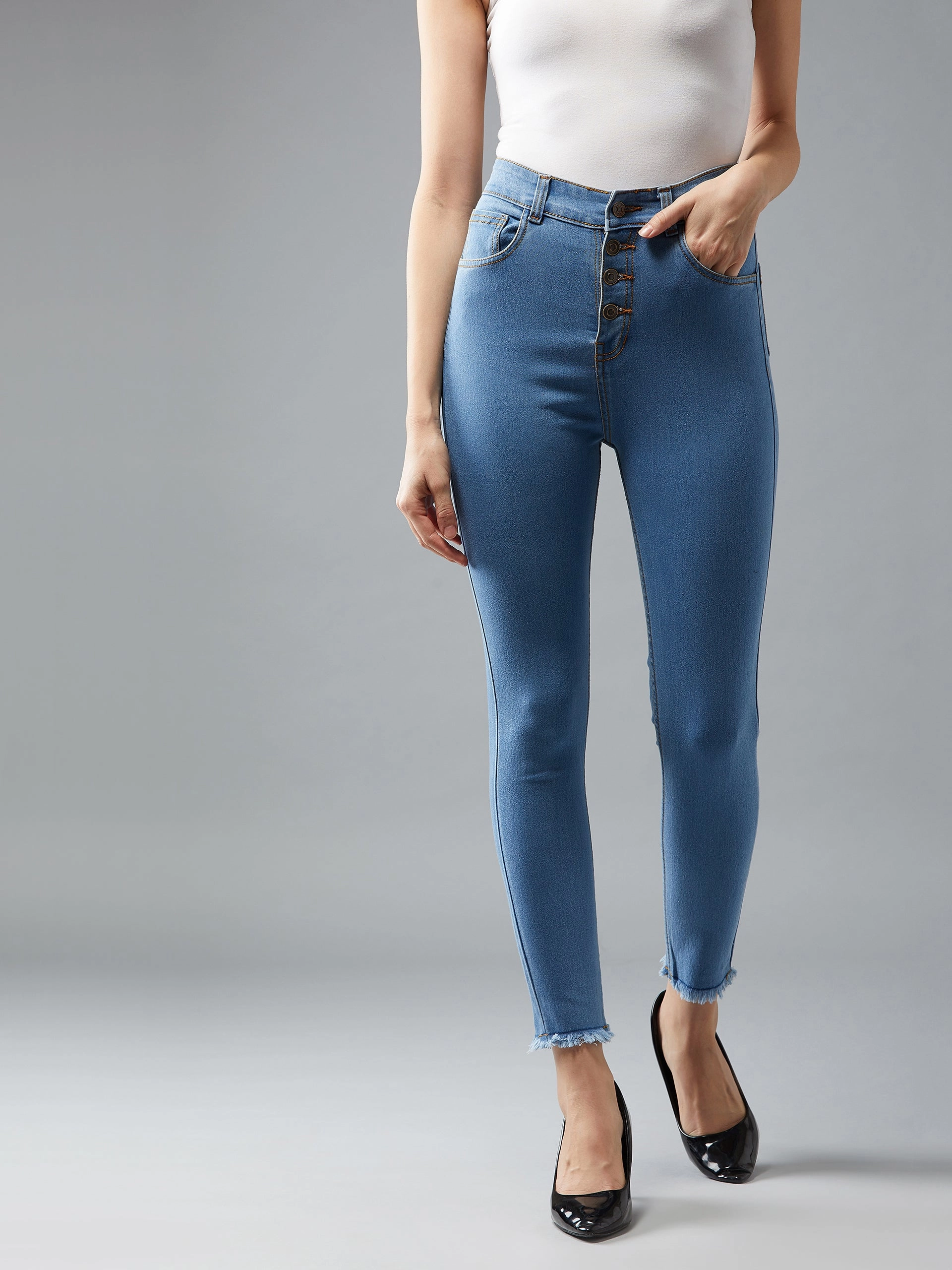 Sustainable Evening Stroll Casual Everyday Outdoor Enthusiast Vibrant Women's Blue Skinny Solid High-Rise Clean-Look Cropped Fringed Hemline Detailing Stretchable Denim Jeans