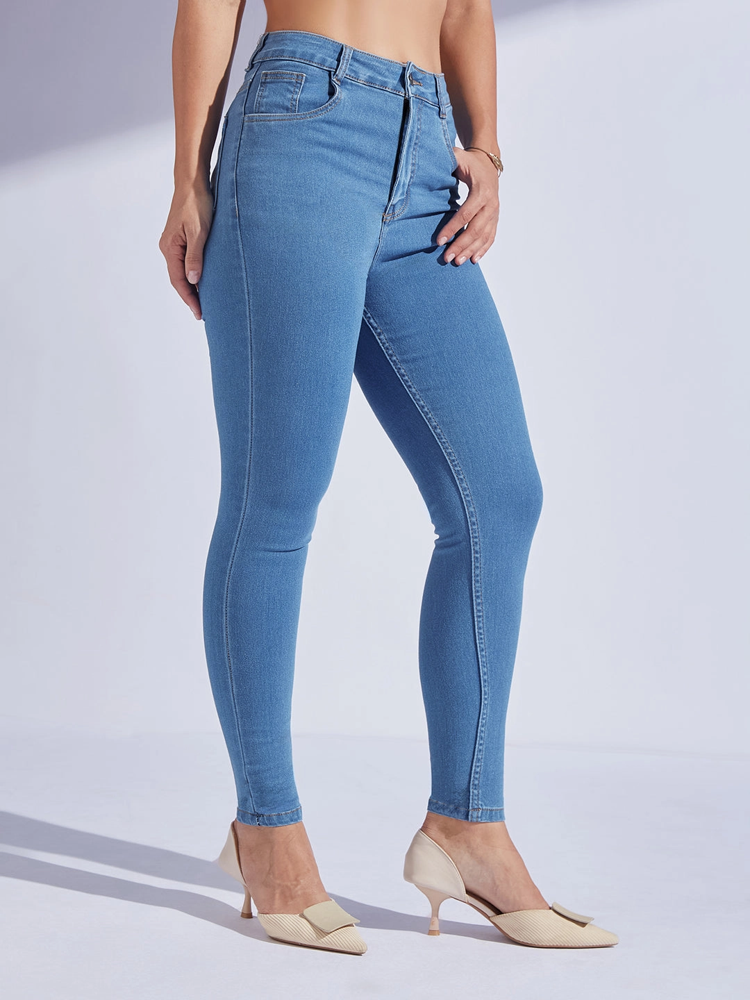 Women's Blue Solid Skinny High-Rise Cropped Fringe-Detailing Solid Stretchable Denim Jeans Smooth Picnic Style Non Toxic Textile Certified