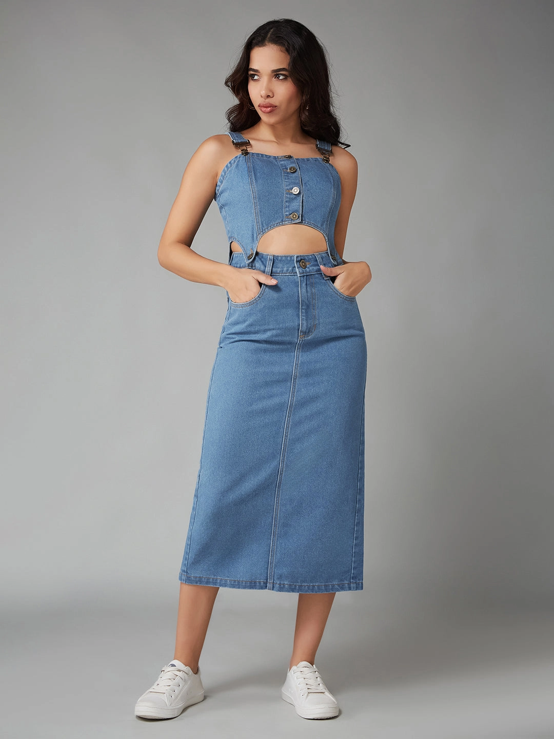 Women's Blue Square Neck Sleeveless Solid Pinafore Detachable Midi Denim Co-Ord Set Artisanal-Detail Crisp Look