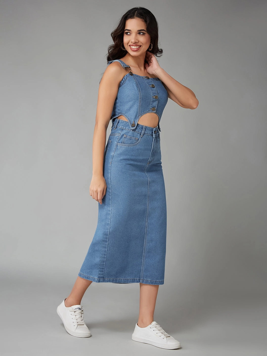 Waist Seam Women's Blue Square Neck Sleeveless Solid Pinafore Detachable Midi Denim Co-Ord Set