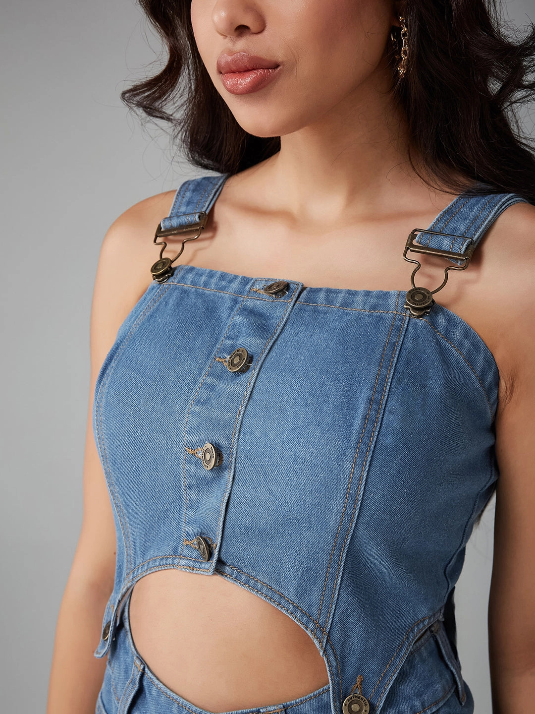 Women's Blue Square Neck Sleeveless Solid Pinafore Detachable Midi Denim Co-Ord Set Flattering Cut Wear