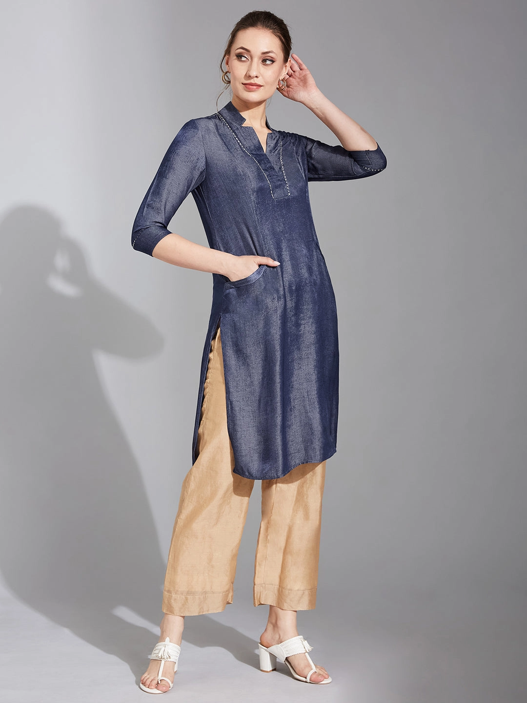 Reflective details PortableOption Women's Blue Stand Collar Three-Quarter Sleeve Solid Back Pleated Knee-Long Polyester Kurta