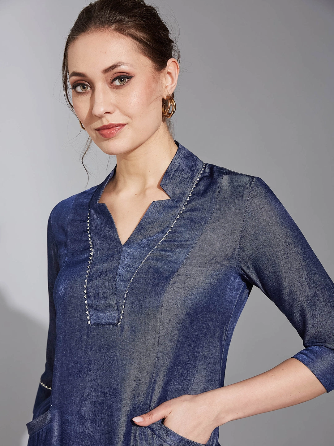 Women's Blue Stand Collar Three-Quarter Sleeve Solid Back Pleated Knee-Long Polyester Kurta HiddenPocket Microfiber Blended Fabric