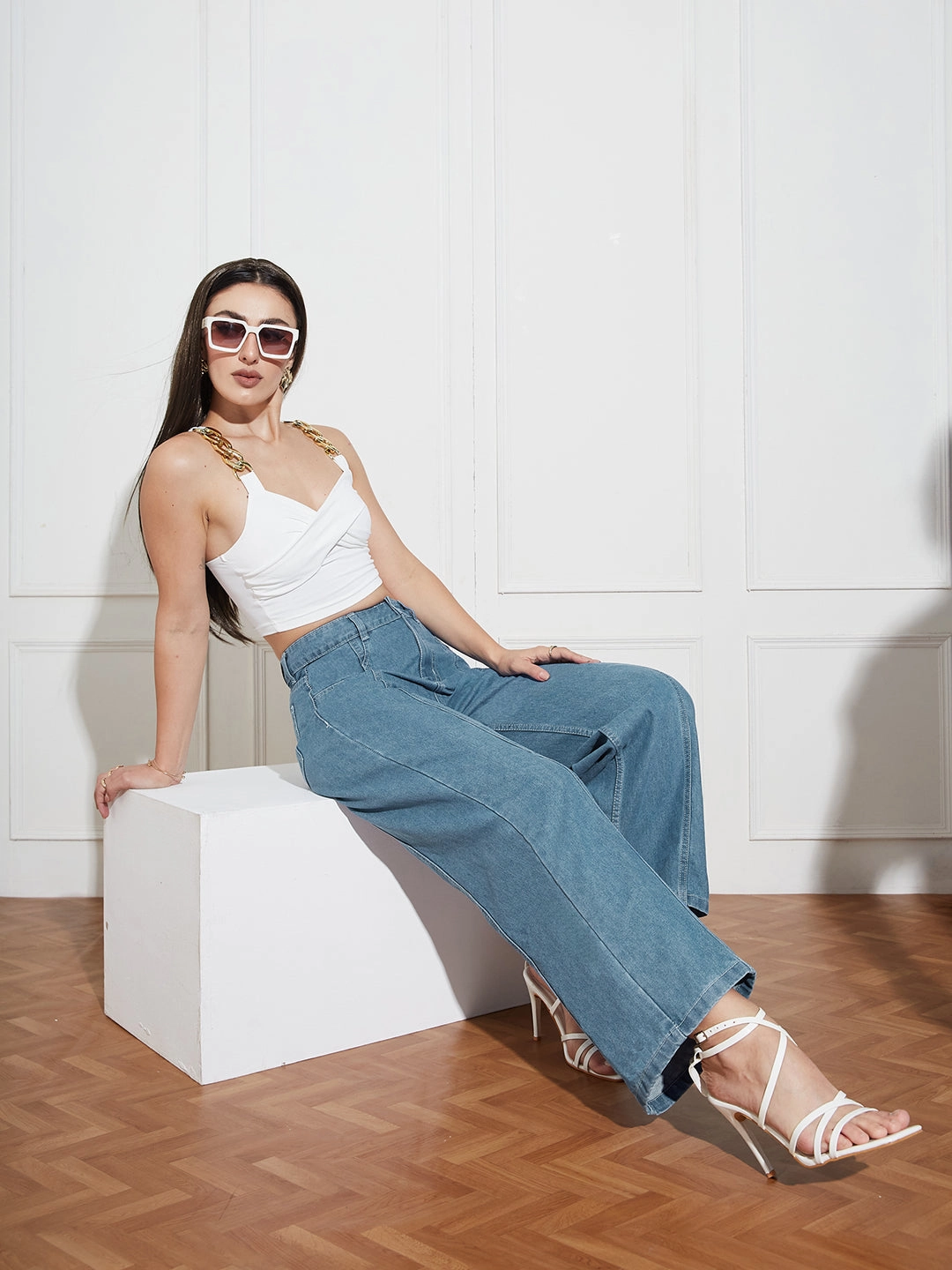 Unisex Attire Women's Blue Wide-Leg High-Rise Clean-Look Regular-Length Denim Jeans