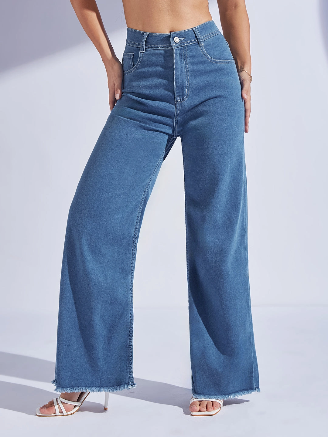 Lightwear Option Women's Blue Wide-Leg High-Rise Clean-Look Regular-Length Stretchable Denim Jeans