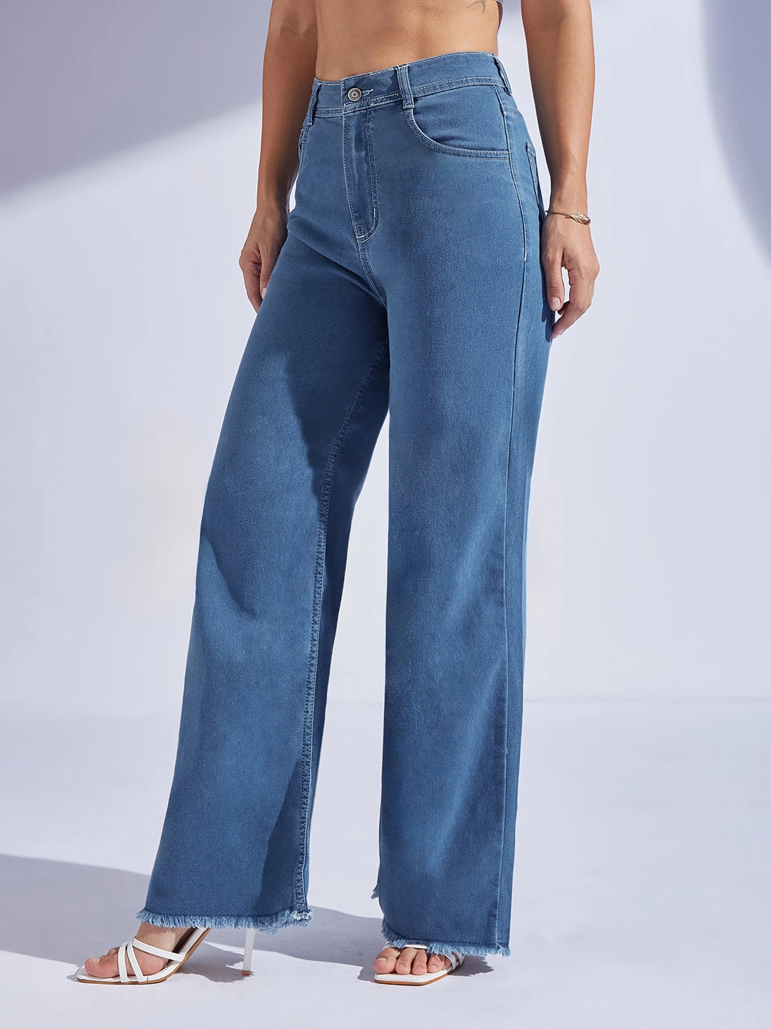Streetwear Fan Night Out Fashion Daily Women's Blue Wide-Leg High-Rise Clean-Look Regular-Length Stretchable Denim Jeans