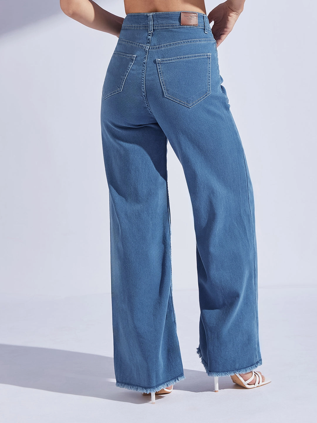 Women's Blue Wide-Leg High-Rise Clean-Look Regular-Length Stretchable Denim Jeans Sunny Vibes Rainy Day Shopping Day