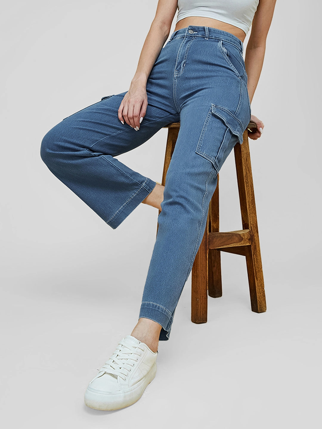 Moisture Wicking Technology Casual Option Women's Blue Wide-Leg High-Rise Clean-Look Regular Stretchable Denim Jeans