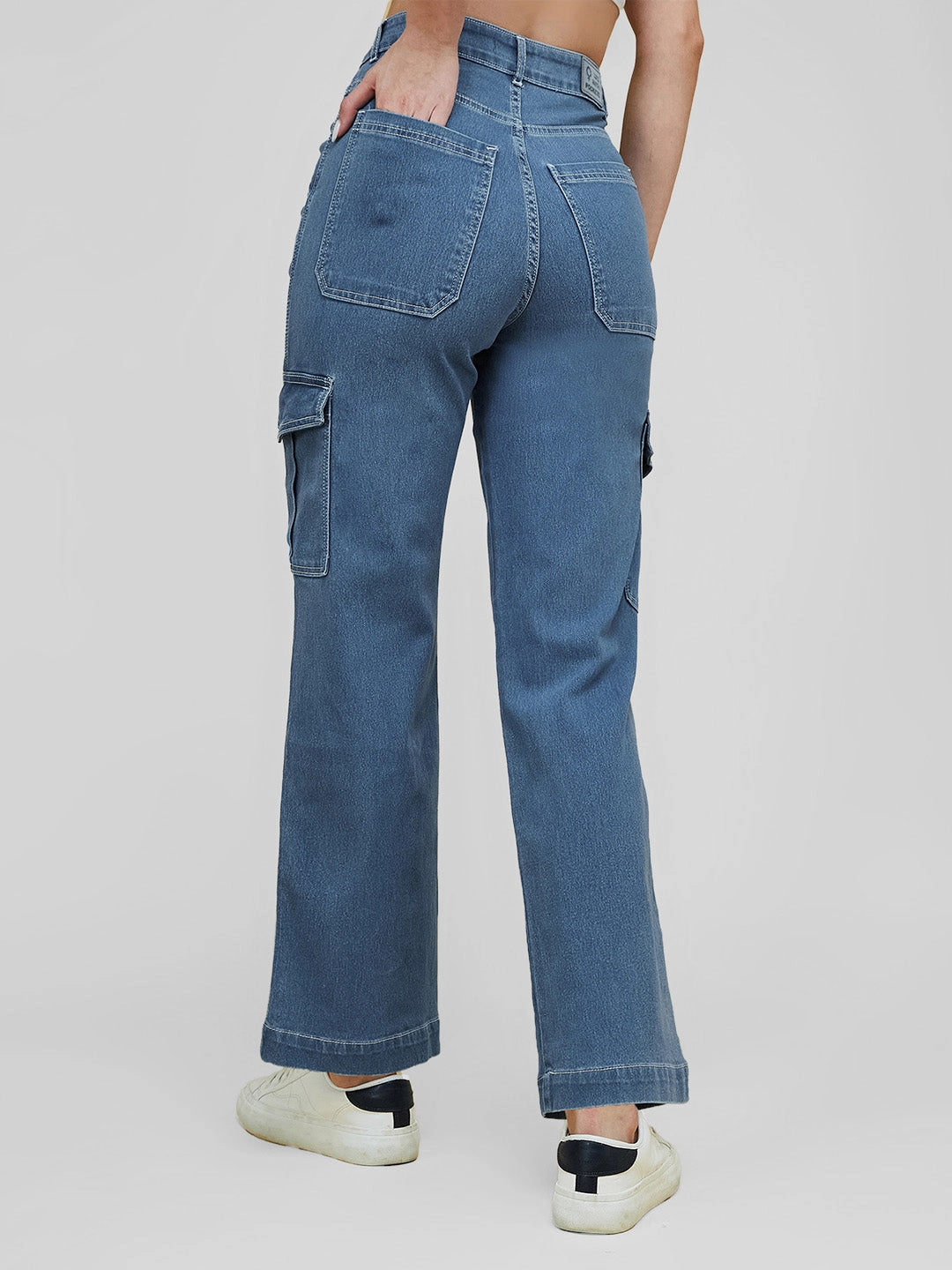 Women's Blue Wide-Leg High-Rise Clean-Look Regular Stretchable Denim Jeans Casual Morning Stroll Evening Stroll Stretch Breathable