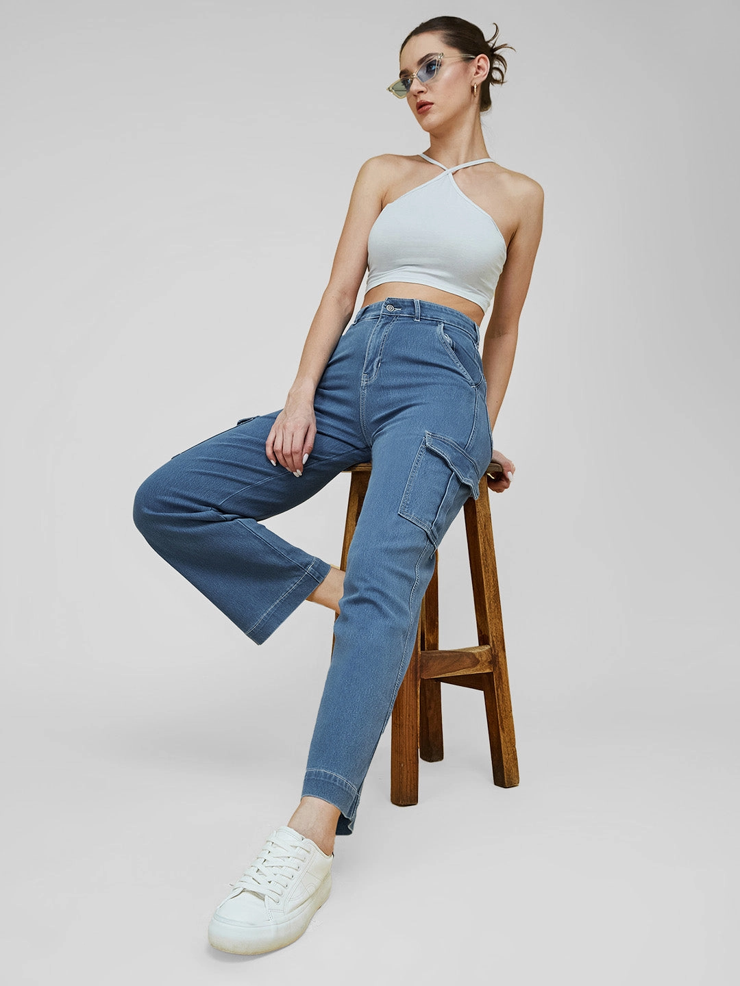 Plain Comfort Women's Blue Wide-Leg High-Rise Clean-Look Regular Stretchable Denim Jeans