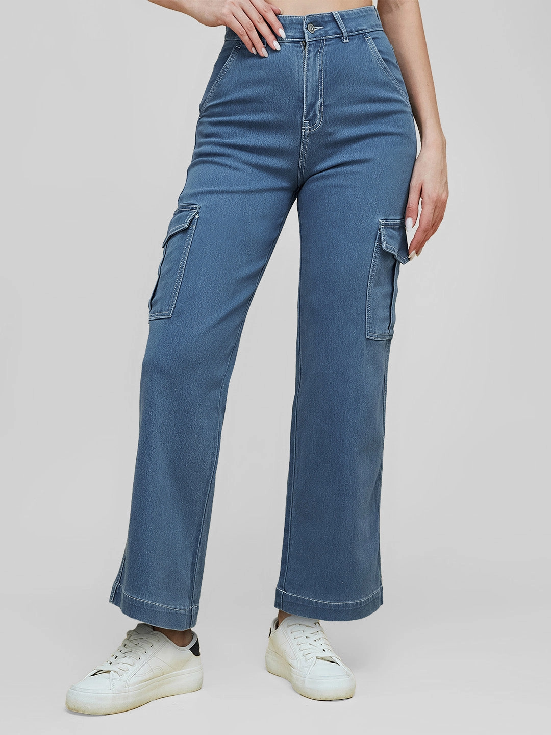 Polished Look Couple Look Office Wear Women's Blue Wide-Leg High-Rise Clean-Look Regular Stretchable Denim Jeans
