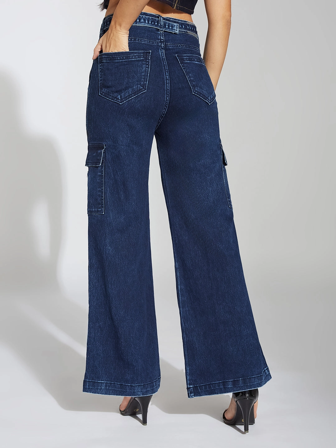 Women's Blue Wide-Leg High-Rise Clean-Look Stretchable Cargo Denim Jeans Colorfast Denim