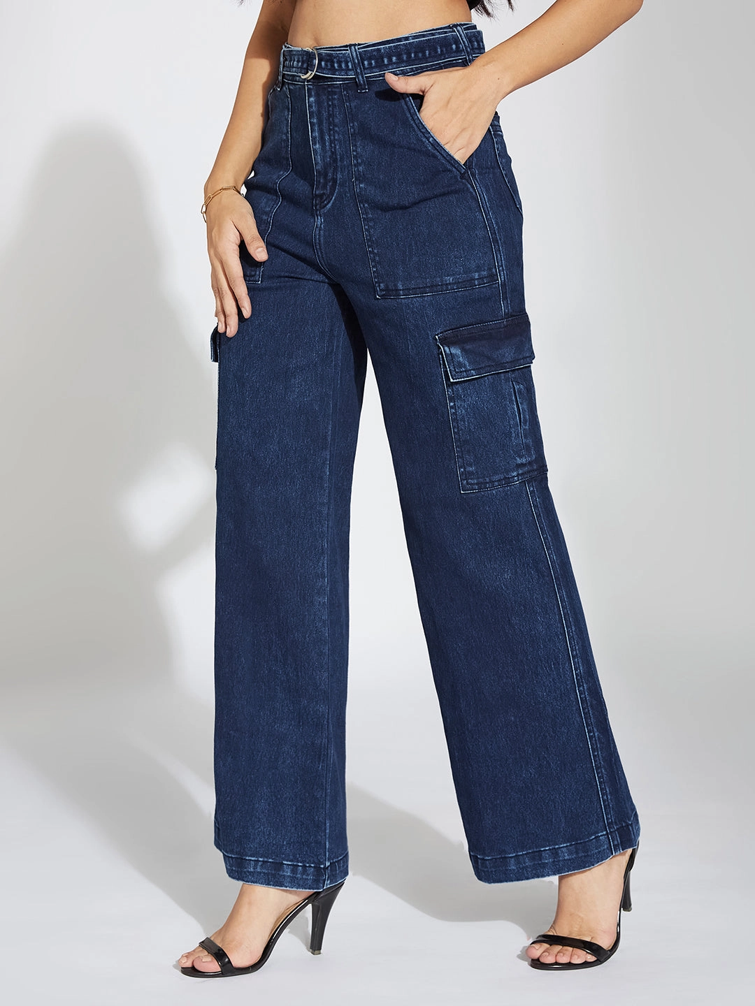 Fast Match Casual Classic Women's Blue Wide-Leg High-Rise Clean-Look Stretchable Cargo Denim Jeans