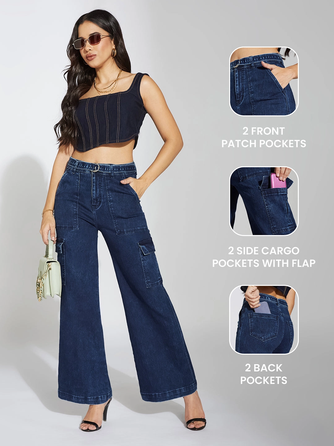 Women's Blue Wide-Leg High-Rise Clean-Look Stretchable Cargo Denim Jeans Everyday Vibrant