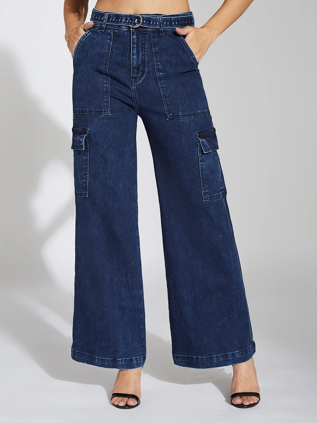 Stay Stylish Stone Wash Finish Women's Blue Wide-Leg High-Rise Clean-Look Stretchable Cargo Denim Jeans