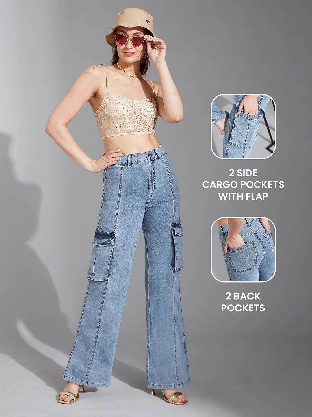 Women's Blue Wide-Leg High-Rise Clean-Look Stretchable Patch-Pocketed Denim Jeans Style Daily Stylish Essentials