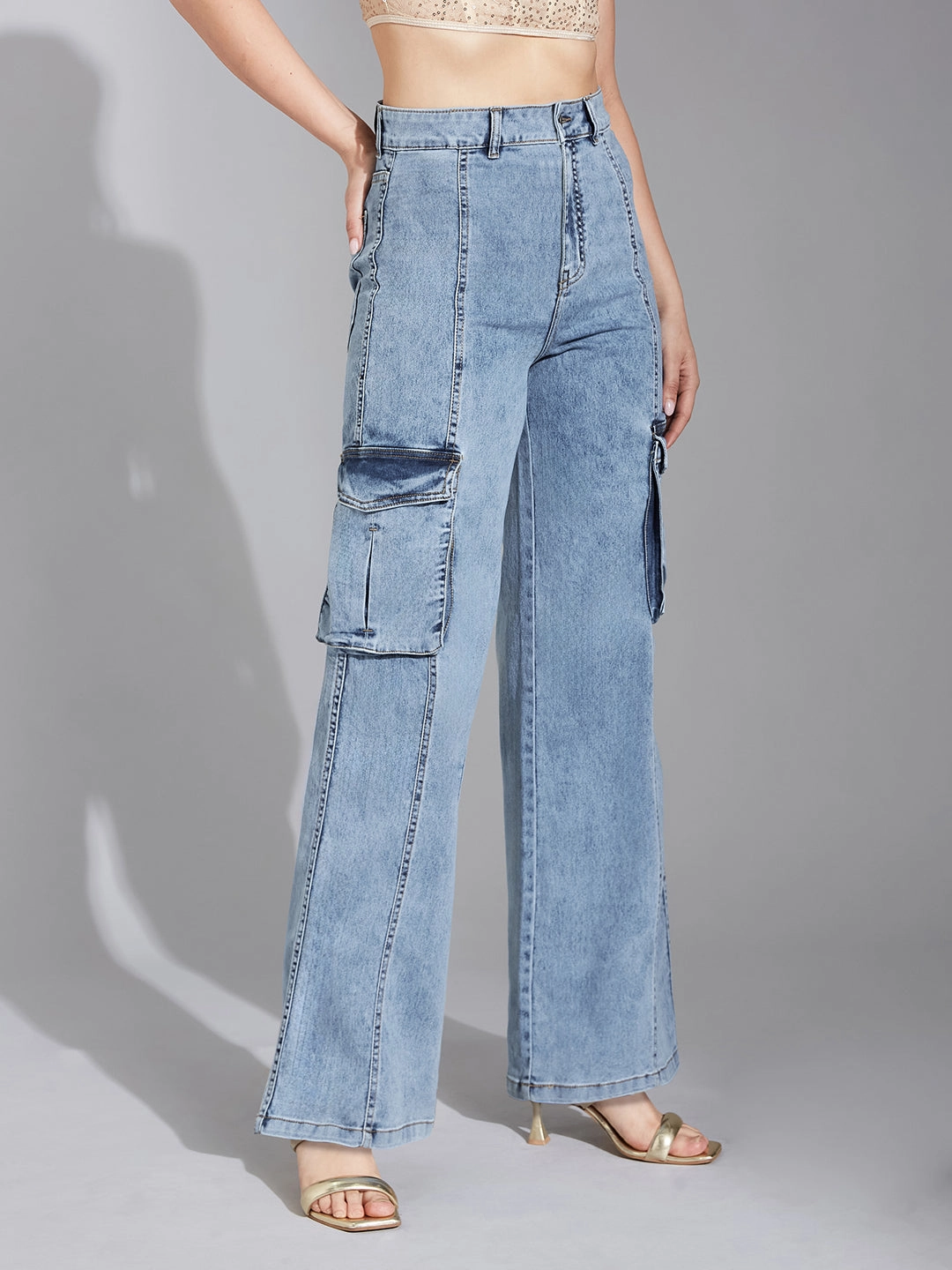Daily Driven Trend Setter Chill Outfit Student Outfit Women's Blue Wide-Leg High-Rise Clean-Look Stretchable Patch-Pocketed Denim Jeans