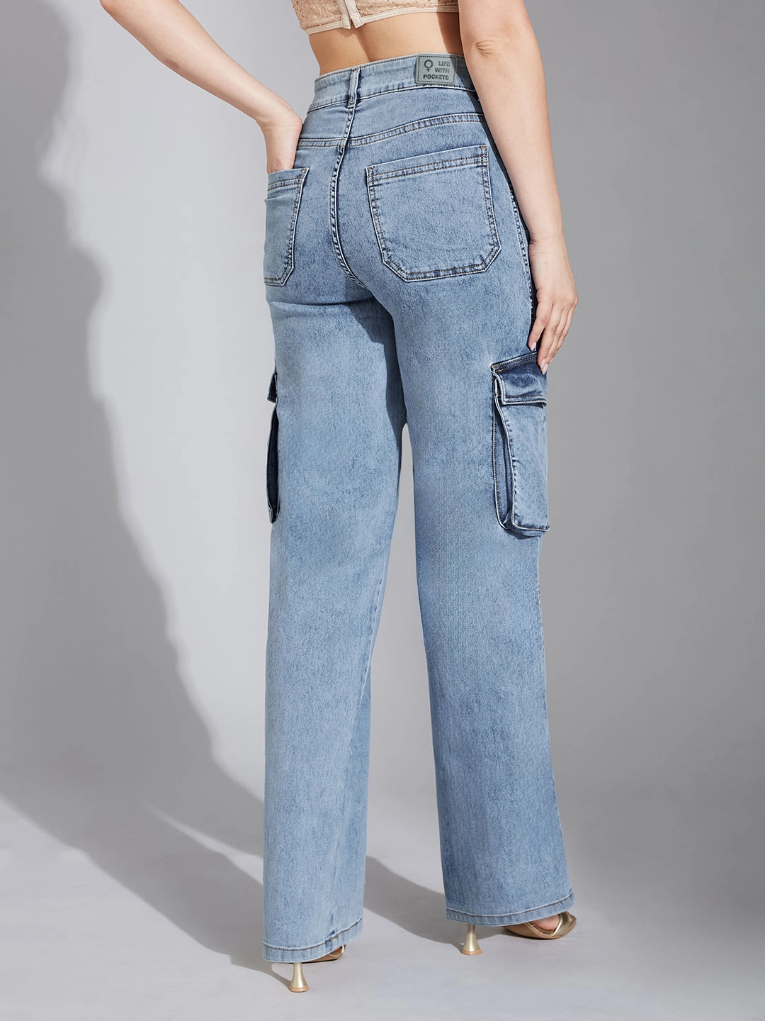 Women's Blue Wide-Leg High-Rise Clean-Look Stretchable Patch-Pocketed Denim Jeans Go-to Wear Athlete Fit High Quality
