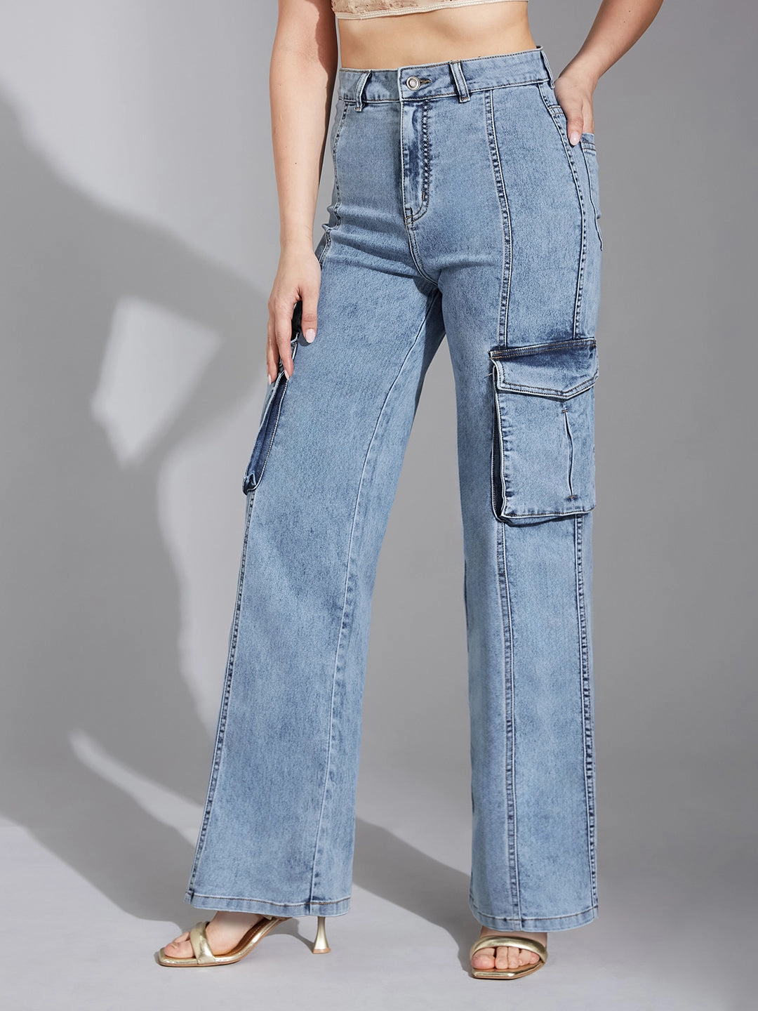 Women's Blue Wide-Leg High-Rise Clean-Look Stretchable Patch-Pocketed Denim Jeans Trendy Sunny Vibes