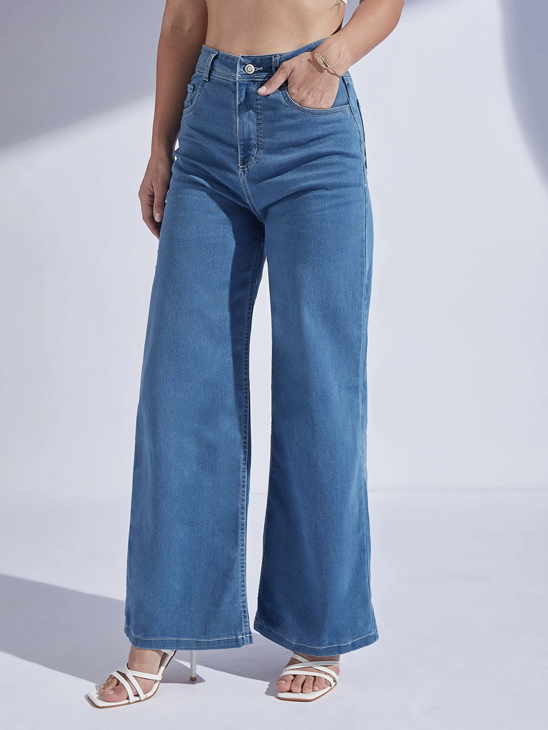 Smart Fit Design Unisex Outfit Women's Blue Wide-Leg High-Rise Regular-Length Stretchable Denim Jeans