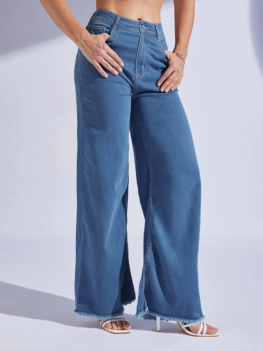 Women's Blue Wide-Leg High-Rise Stretchable Denim Jeans Casual Student Outfit