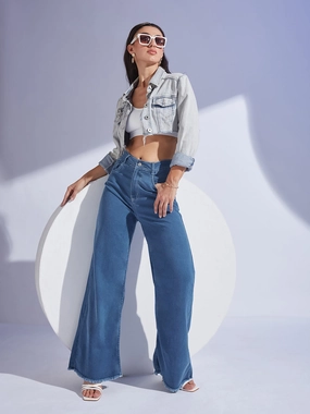 Seamless Waistband Finish Flex Knit Waist Panel Women's Blue Wide-Leg High-Rise Stretchable Denim Jeans