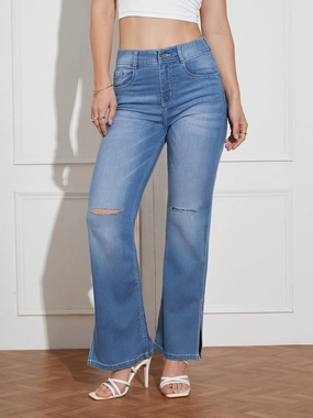 Women's Blue Wide-Leg Relaxed Mid Rise Regular Length Denim Stretchable Jeans Perfect For Daily Colorfast Denim