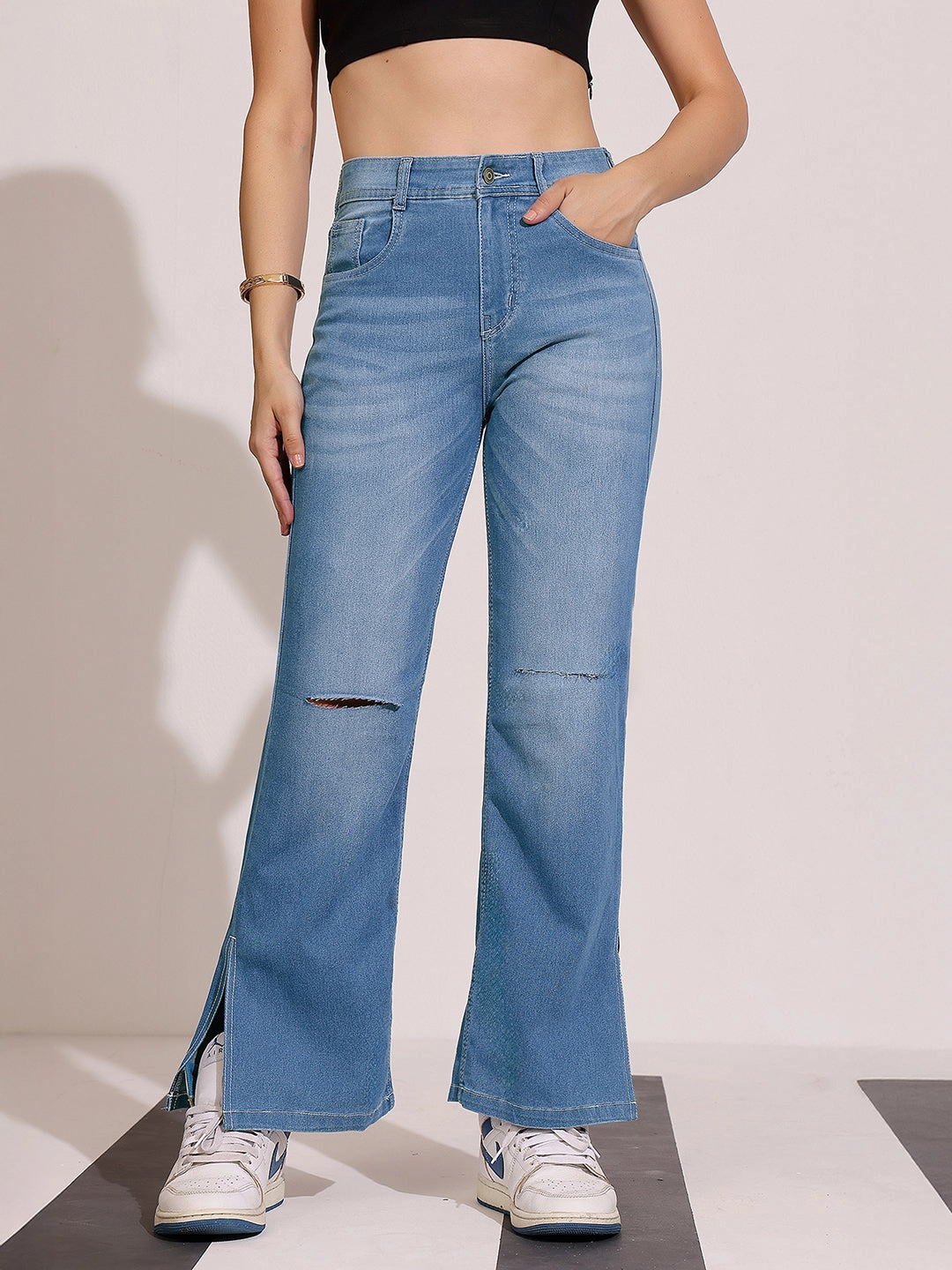 Women's Blue Wide-Leg Relaxed Mid Rise Regular Length Denim Stretchable Jeans Go To Piece Earthy Rainy Day City Walk