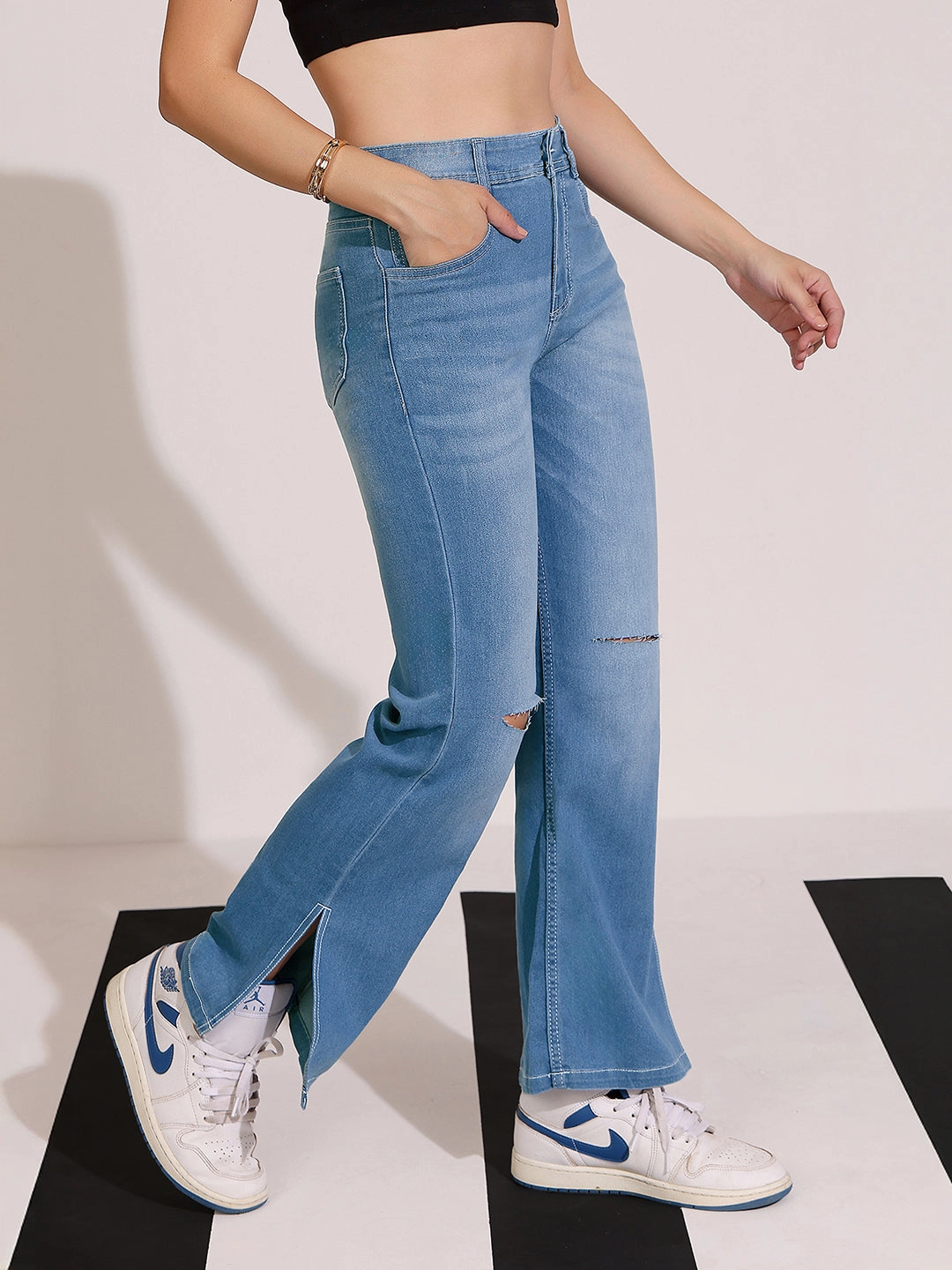 Women's Blue Wide-Leg Relaxed Mid Rise Regular Length Denim Stretchable Jeans Relaxed Thigh Cut Go Out Style