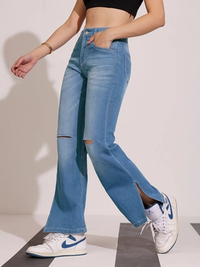 Women's Blue Wide-Leg Relaxed Mid Rise Regular Length Denim Stretchable Jeans Fresh Attire