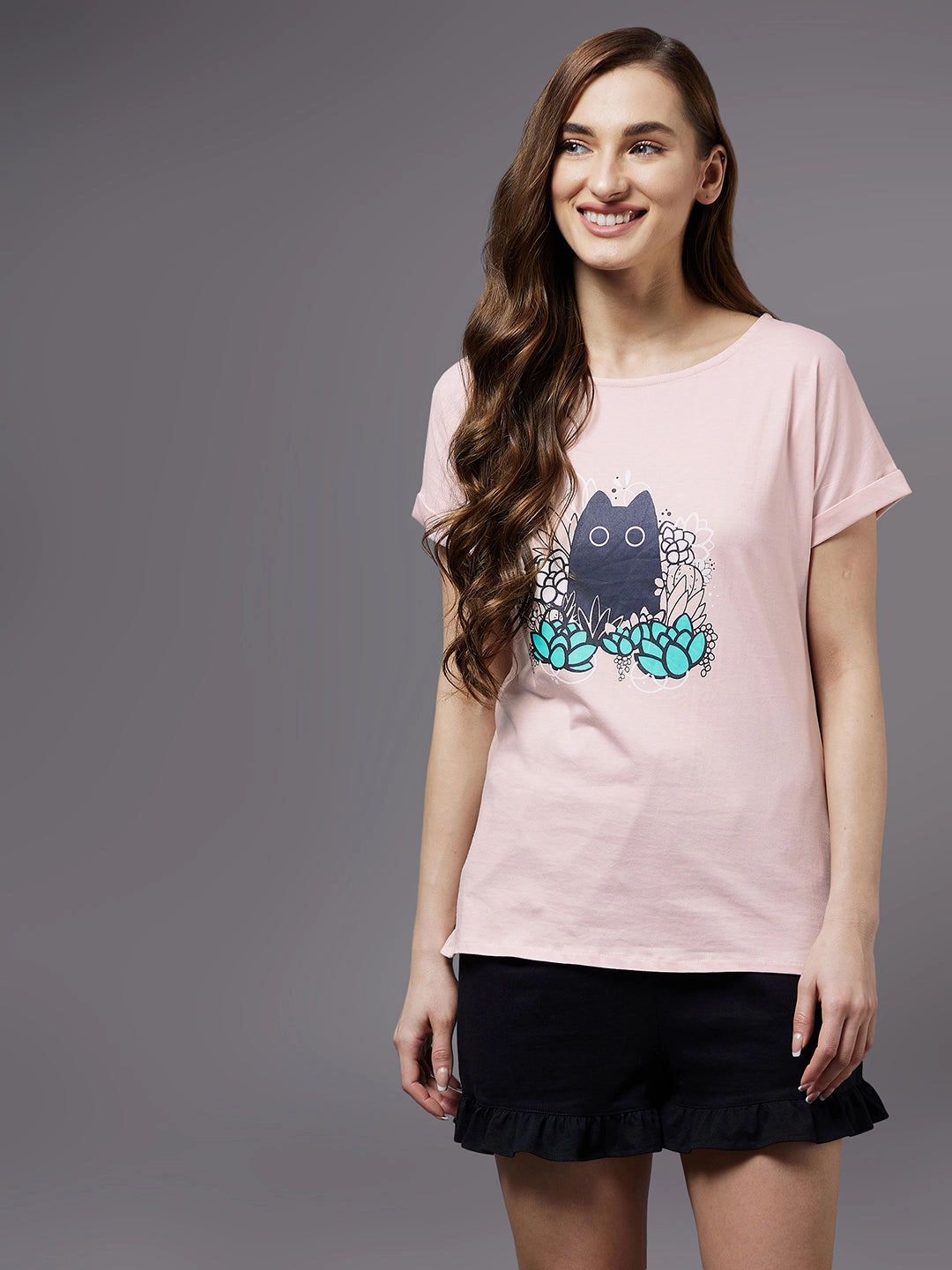 Women's Blush Pink round neck short sleeves printed long T-shirt Long Sleeve Polo