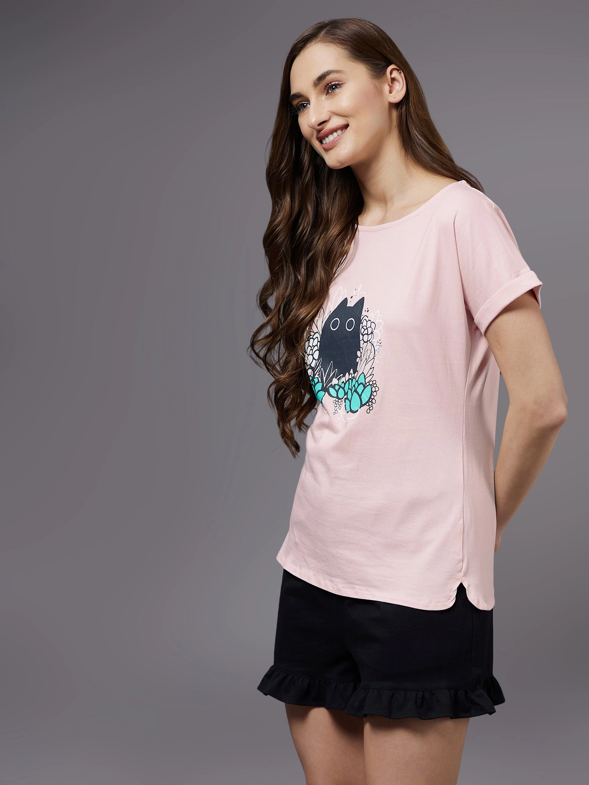 RollUpCuff Ultraviolet Protection Fabric Women's Blush Pink round neck short sleeves printed long T-shirt