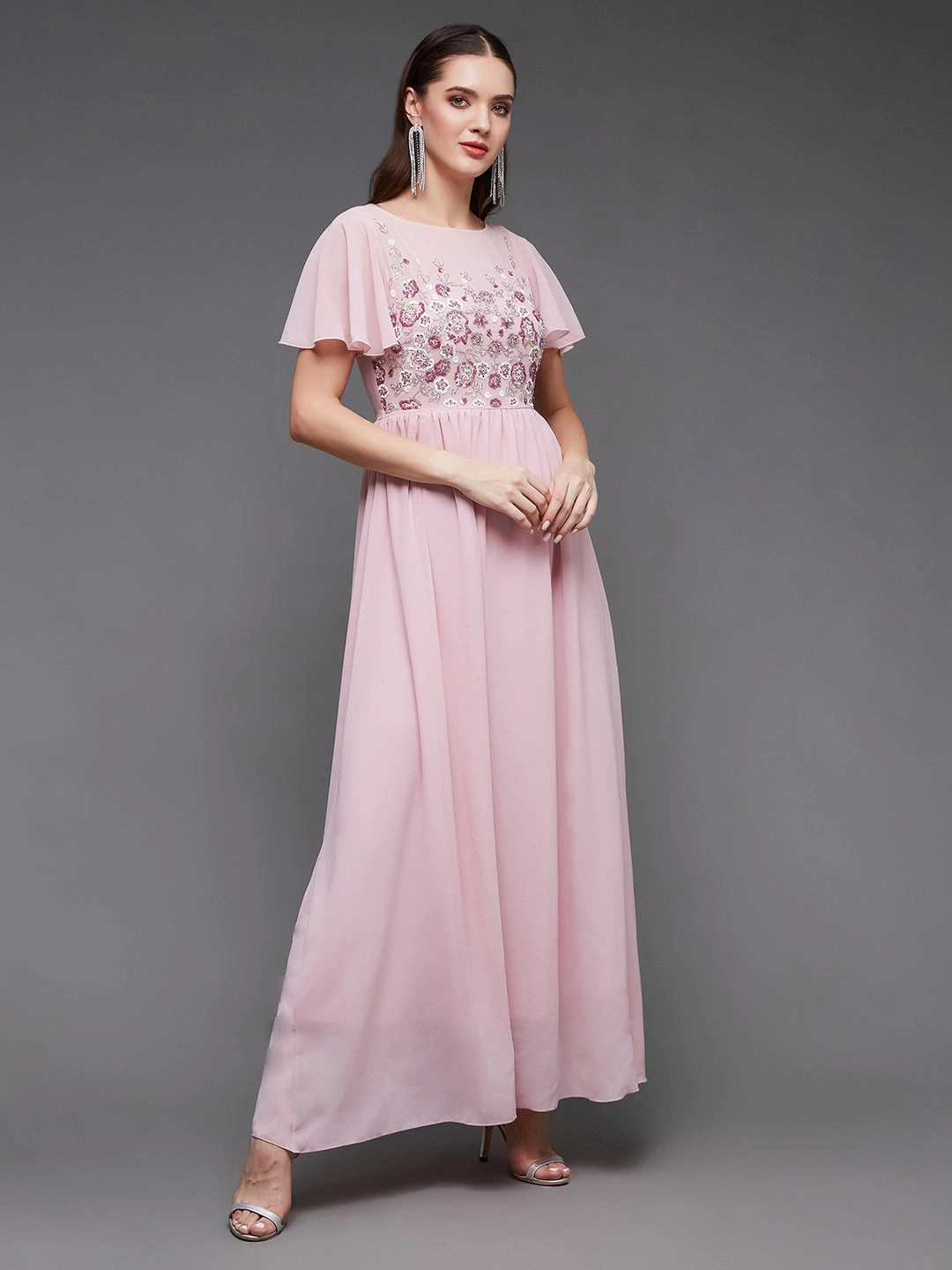 Perfect Wearable Softly Structured Women's Blush Pink Sequined Gathered Party Maxi Dress